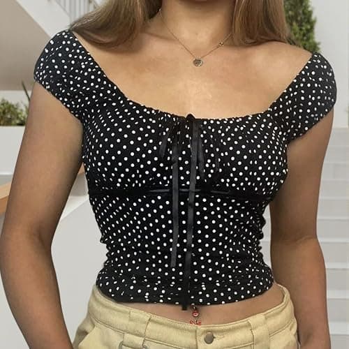 Women Y2K Polka Dot Milkmaid Top Cap Sleeve Tie-Up Front Crop T Shirts Summer Slim Fit Going Out Tops Streetwear thumbnail 2