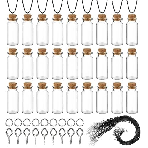 Sawysine 50 Pcs 10 ml Mini Glass Bottles with Cork, Tiny Wishing Bottles with 50 Pcs Black Waxed Cord,100 Pcs Eye Screws and 100 Pcs Clasp Rings,for DIY Crafts Container Necklace Jars thumbnail 4