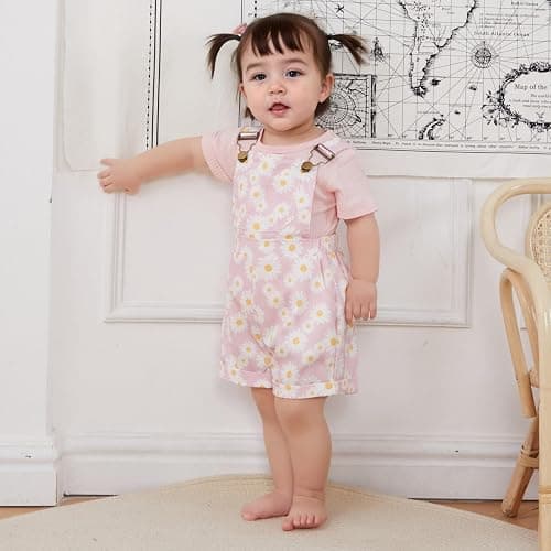Lucikamy Toddler Baby Girls Summer Outfit Short Sleeve Ribbed Tops + Flower Suspender Overalls Shorts Set Kids Cute Clothes thumbnail 2