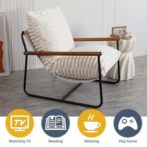 MAXYOYO Accent Chair, Sherpa Arm Chair for Living Room, Mid Century Modern Accent Chairs, Boucle Reading Bedroom Chair, Teddy Armchair, Wooden Arms Metal Frame - White thumbnail 4