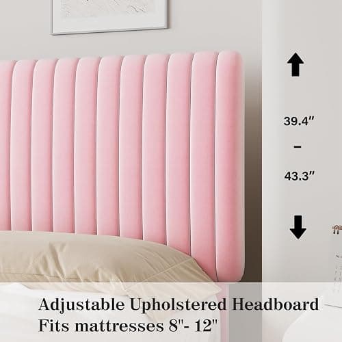 BarnFurin Full Size Bed Frame with Adjustable Headboard, Velvet Upholstered Platform Bed with Vertical Channel Tufted Design, No Box Spring Required, Easy Assembly, Pink thumbnail 6