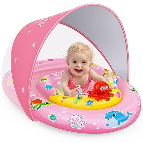 EZIGO Baby Pool Float with Canopy UPF50+ Sun Protection, Inflatable Kids Pool Floats with Ocean Animal Toys for Baby 6-36 Months, Infant Swimming Float with Adjustable Safety Seat for Boys Girls - Pink - Image 1