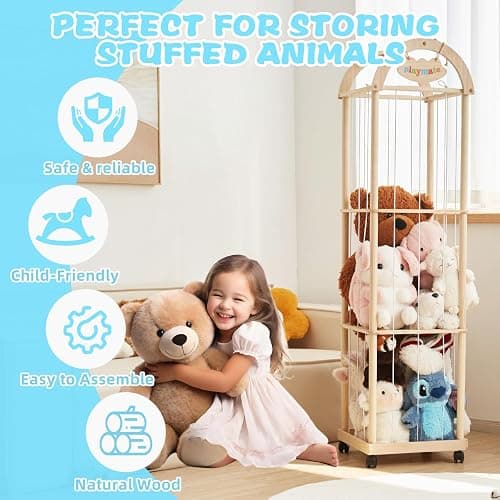 Quewoll Large Stuffed Animal Storage Organizer, 61" High Premium Wooden Cute Zoo Toy Holder for Toddler Rooms, Playrooms & Bedrooms thumbnail 3
