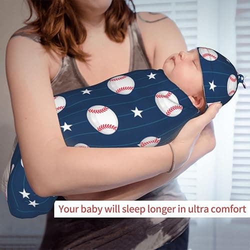 Cute Baseball Print Baby Stuff Swaddle Blanket Hat Set for Boys Girls, Soft Newborn Swaddle Wrap Blanket Shower Gift thumbnail 6
