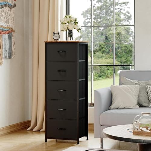 Somdot Tall Dresser for Bedroom with 5 Drawers, Storage Chest of Drawers with Removable Fabric Bins for Closet Bedside Nursery Laundry Living Room Entryway Hallway, Black thumbnail 4