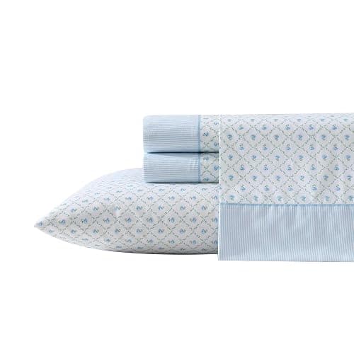 Laura Ashley - Sheet Set, Breathable Percale Cotton Bedding, 200 Thread Count, Deep Pocket, Chic Home Decor (Kate Blue, Full) - Image 1