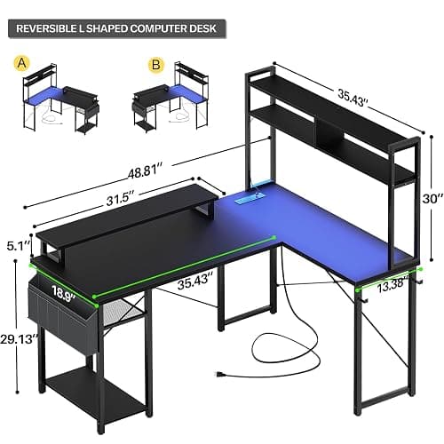 Aheaplus Small L Shaped Gaming Desk with LED Lights & Power Outlets, Reversible L-Shaped Computer Desk with Monitor Stand & Storage Shelf, Corner Desks Home Office Desk with Storage Bag, Black thumbnail 2