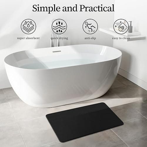 THMINS Black Stone Bath Mat, 24''x16'' Stone Shower Mat | Diatomite Stone Bath Mat, Super Absorbent, Quick-Drying, Non-Slip, and Easy to Clean for Bathroom thumbnail 4