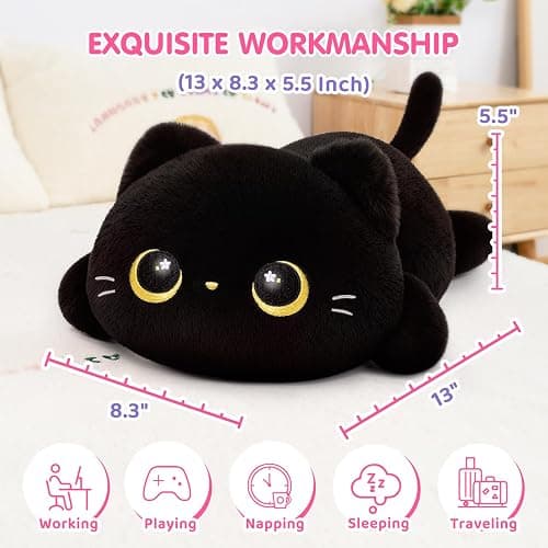 Cute Black Cat Plush Pillow, Kawaii Plushies Black Cat Stuffed Animals, Squishy Plushies, Cuddle Plush Pillow for Kids & Girls (13 Inch) thumbnail 3