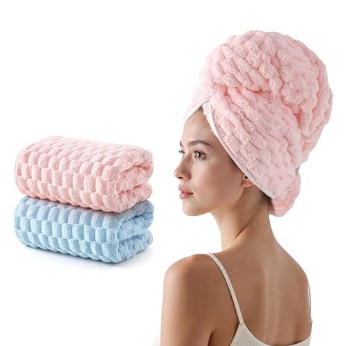REDKISS 2 Pack Microfiber Hair Towels - Extra Large Hair Towel Wrap for Women, 24x42 inch Pink Hair Towels with Elastic Strap, Super Soft Blue Hair Drying Towels Curly Anti Frizz Turbans - Image 1