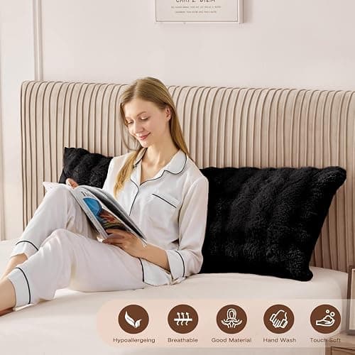 YZ HOME Faux Fur Fluffy Body Pillow for Adults - Firm Body Pillow Insert with Shredded Blue Memory Foam, Adjustable Height, Soft Support for Side Sleeping, Pregnant Women, Washable, 20x54 Inch (Black) thumbnail 2