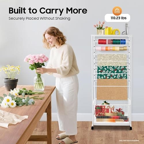 InSyoForeverEC Ribbon Holder Organizer Rack, Double-Sided 16-Layer Ribbon Storage Floral Wrapping Paper Stand with Wheels, Rolling Ribbon Spool Racks Metal Display Shelf for Flower Shop (White) thumbnail 4