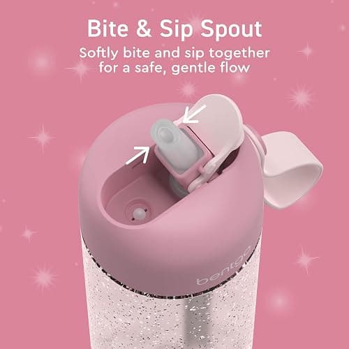 Bentgo Kids Water Bottle - Leak-Proof, Durable Tritan, BPA-Free 15 oz. Cup for Kids/Toddlers Ages 3+, Bite & Sip Spout, Carrying Handle, & Dishwasher Safe for School (Glitter Edition - Petal Pink) thumbnail 5