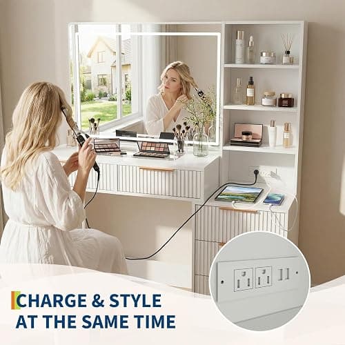 Makeup Vanity Desk with Smart LED Mirror & Charging Station, Large 48" Fluted Wood White Vanity Desk with Power Outlets and USB Ports Modern Glass Top with 5 Storage Drawers Dressing Table for Bedroom thumbnail 8