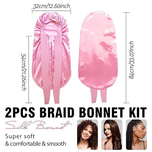 2Pcs Bonnets for Women Sleeping Braid Bonnet, Large Long Satin Silk Bonnet for Braids, Black Women Braid Bonnets with Stretchy Tie Band for Sleeping Extra Long (Pink & Leopard) thumbnail 5