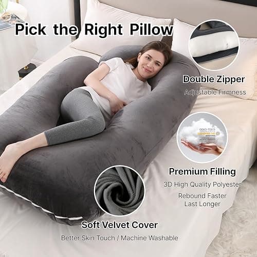 ALLOPERA Pregnancy Pillow, Full Body 57 Inch Maternity Pillow with Removable Washable Cover - Sleep Support for Legs, Back, Neck, Shoulder, HIPS, Belly for Pregnent Women, Black Grey Velvet Cover thumbnail 4