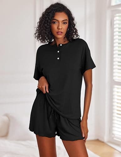 Ekouaer Pajamas Set for Women Short Sleeve Lounge Set 2 Piece Soft Cute Pjs | Lightweight Summer Pajamas,Henley Top with Buttons,Elastic Waist Shorts,for Loungewear,Sleepwear,Beach,Vacation,Gift thumbnail 3