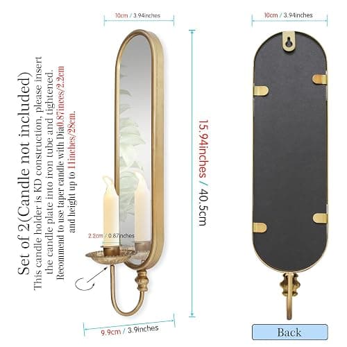 Set of 2 Vintage Gold Iron Candle Sconce and Mirror, Rustic Metal Wall Candle Holders for Pillar Candles Wall,Living Room, Bathroom, Dining Room(Size:3.94x15.94x3.9inches) thumbnail 3