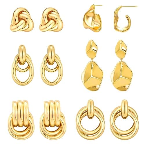 QJLE 6 Pairs Gold Dangle Earrings for Women, 14K Gold Plated Earrings Geometric Knot Drop Huggie Earrings Trendy Jewelry Gifts - Image 1
