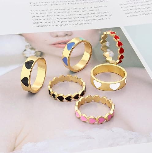 YOOESTORES82 2PCS Colorful Heart Ring Band Rings Set for Women Couple Cute Love Heart Plain Stackable Finger Rings Wedding Preppy Jewelry Gift thumbnail 6
