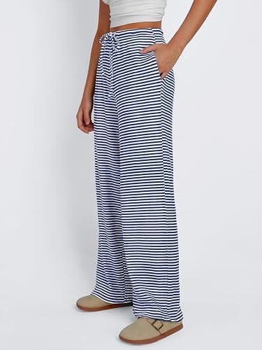 Trendy Queen Womens Striped Ribbed Wide Leg Pants Casual Drawstring Elastic Waist Baggy Sweatpants with Pockets thumbnail 3