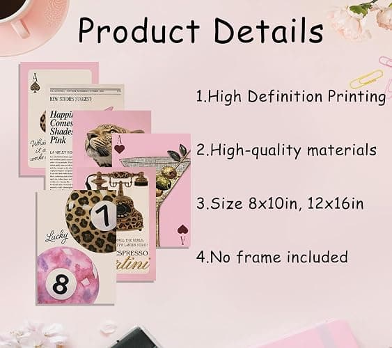 6Pcs Trendy Pink Leopard Wall Art Vintage Preppy Posters Prints Y2k Luxury Aesthetic Wall Decor Pictures Lucky 8 Ball Cheetah Painting for Girls Bedroom Dorm Decorate 12x16in Unframed thumbnail 7