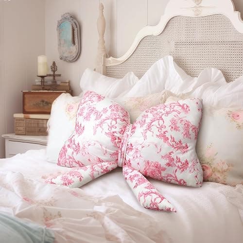 Colingmill Bow Shaped Throw Pillow 24 Inch Large Pink and White Chinoiserie Floral Pillow Decorative Coquette Love Shack Fancy Decor for Sofa Bed Couch Living Room thumbnail 4