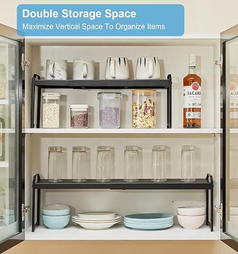 2 Pack Expandable Cabinet Countertop Shelves, Stackable Shelves Organizers For Kitchen Cabinet Countertop Storage, Adjustable Counter Cupboard Pantry Organizer Shelf Rack Stand, Length:20.5" thumbnail 6