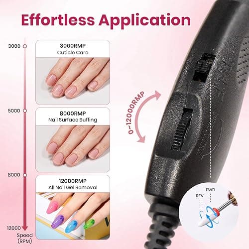 Beetles Electric Nail Drill Kit, 7 Drill Bits 0-12000 RPM Portable Electric Nail File Machine for Gel Polish Removal, Acrylic Dip Nails, Cuticle Care, Prep, DIY Manicure Pedicure Tools at Home thumbnail 9