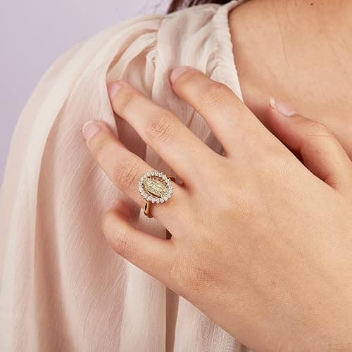 Ornaland 18K Gold Plated Clear Cubic Zirconia Open Cuff Ring Adjustable Oval with Virgin Mary Religion Open Finger Ring Jewelry Gifts for Women thumbnail 7