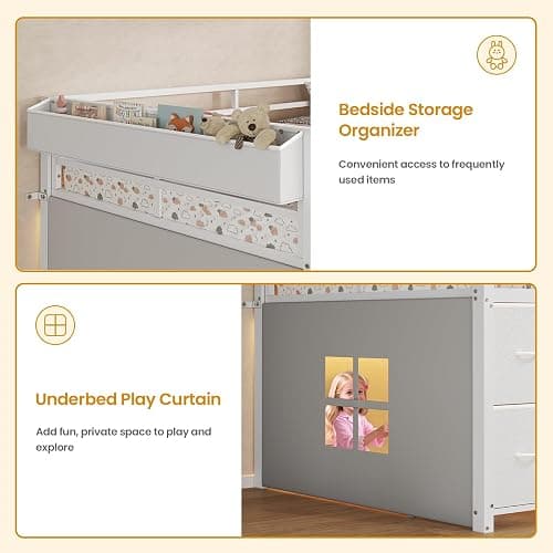 ADORNEVE Low Loft Bed Twin Size with 7 Storage Drawers, Bookcase and LED Lights, Metal Kids Loft Bed with 14" H Safety Guardrail,Inclined Ladder and Play Curtain, Under-Bed Play Space, White thumbnail 8