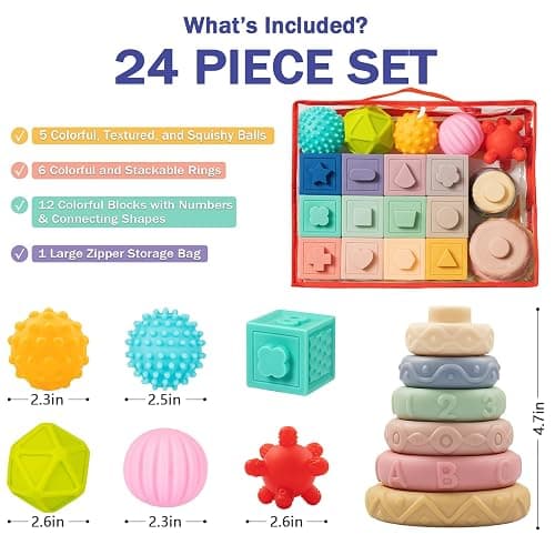 Jyusmile Baby Toys 6-12 Months, Montessori Toy for Babies 6-12 Months, Incl Stacking Building Blocks & Soft Infant Teething Toys & Sensory Balls for Toddlers 0-3-6-9-12 Month thumbnail 3