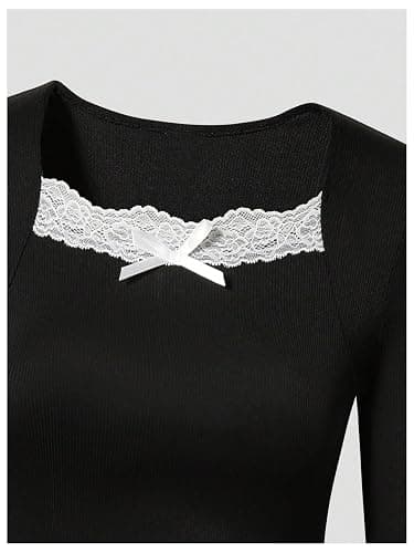 Verdusa Girls Long Sleeve Shirts Lace Bow Ribbed T Shirts Casual Tops Cute Clothes for Girls 10-12 thumbnail 3