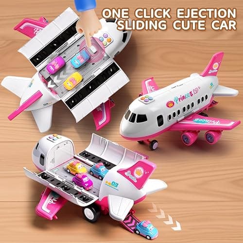 Pink Airplane Toy with Princess Cars and Play Mat,Plane with Lights and Sounds for 2 3 4 5 6 7 Year Old Toddler Girls,Birthday Gift Idea for Kids thumbnail 8