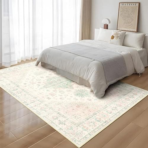 MUJOO 5x7 Area Rugs Washable,Boho Rug for Living Room Bedroom Dining Room Office,Large Throw Carpet,Non Slip Big Soft Indoor Low Pile Light Pink and Green thumbnail 7