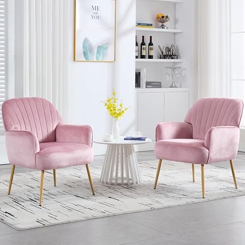 E-Motie Velvet Accent Chair, Modern Upholstered Single Sofa Side Living Room Chair, Comfy Barrel Reading Armchair with Metal Legs for Bedroom, Waiting Room, Office and Cafe, Pink thumbnail 9