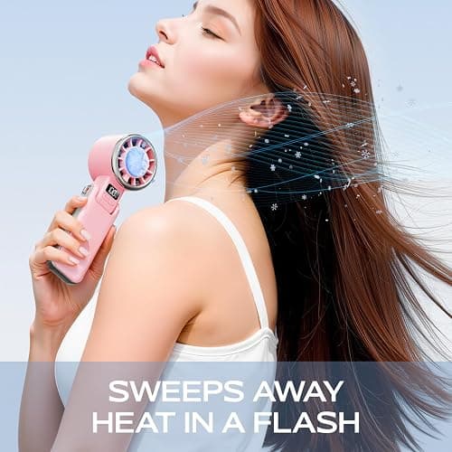SHEWIND Portable Handheld Fan with Ice Cooling - 5 Gear High Speed Personal Turbo Fan Rechargeable, Up to 13 Hrs, Mini Hand Fans for Travel Essentials, Beach Vacation, Gifts for Women, Men (Pink) thumbnail 3