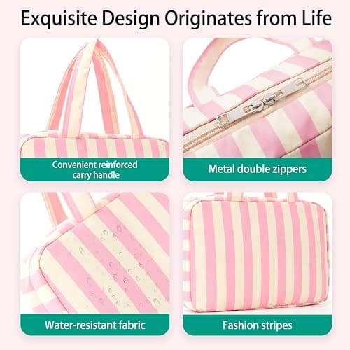 Apxouans Toiletry Bag for Women Travel Water-resistant Cosmetic Bag Fashion Stripes Makeup Bag with Hanging Hook Preppy for Store Toiletries Cosmetic Accessories Medium Pink thumbnail 2