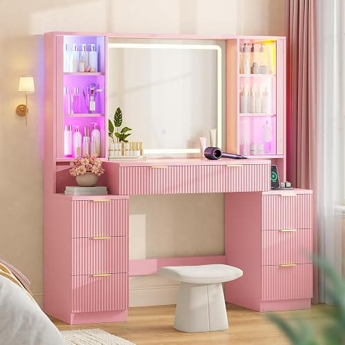 Big Vanity Desk, Fluted Makeup Vanity with Mirror Lights, Pink Vanities | Large, Charging Station, Sound Sync Chasing LED Lights, Wood Vanities, Luxury Glass Cabinets, 8 Drawers, Girls, Women - Image 1