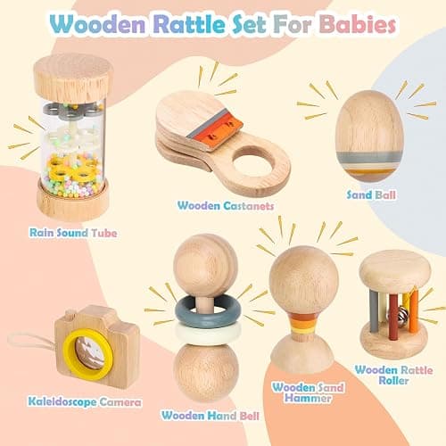 Montessori Wooden Baby Toys 0-12 Months, 7-Piece Sensory Rattle & Music Set | Rain Sound Tube and Rattle Roller for grasping, shaking, rolling, sound discovery and visual exploration with Storage Bag thumbnail 4