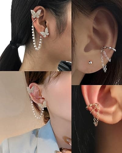 Tornito 6-12Pcs Cuff Earring Chain Leaf Snowflake Star Butterfly with CZ Crawler Climber Earring Studs Drop Dangling Chain Wrap Tassel Earring for Women Men 20G Silver Gold Tone thumbnail 3