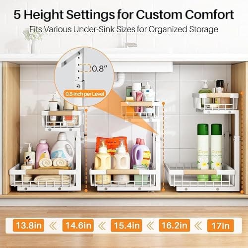PXRACK Under Sink Organizer, Adjustable Height, 2 Tier Pull Out Under Cabinet Organizer, Slide Out Thickened Metal Under Sink Storage for Kitchen Bathroom Laundry Pantry Cabinet, White, Large-2-Pack thumbnail 5