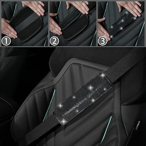 NBTEPEM 12 Pcs Bling Car Accessories Set for Women Car Floor Mats Full Set Steering Wheel Cover Seat Belt Covers Coasters Universal Fit Car SUV Truck Van Black thumbnail 5