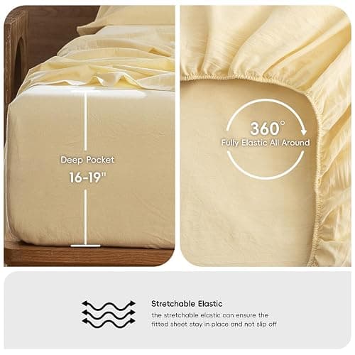MooMee Bedding Sheet Set 100% Washed Cotton Linen Like Textured Breathable Durable Soft Comfy (Heathered Butter Yellow, Full) thumbnail 6