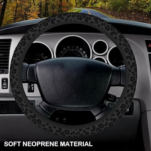 Black Leopard Print Cheetah Elastic Steering Wheel Cover, Non-Slip Breathable Neoprene Steering Wheel Covers, Women Leopard Car Accessories, Universal 15 Inch Fit Auto, Suvs, Truck thumbnail 3