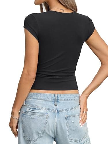 EasyGala Womens Cotton Square Neck Short Sleeve Shirts Slim Fit Cap Sleeve Tops Summer Basic Low Cut Tee Fashion Clothes thumbnail 6