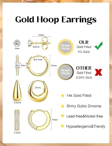 ORAZIO Small Gold Hoop Earrings for Women Hypoallergenic 14K Gold Plated Chunky Huggie Earring Sets for Multiple Piercing Dainty Earing Stacks Set Cute Silver Cartilage Jewelry Trendy Gifts thumbnail 6