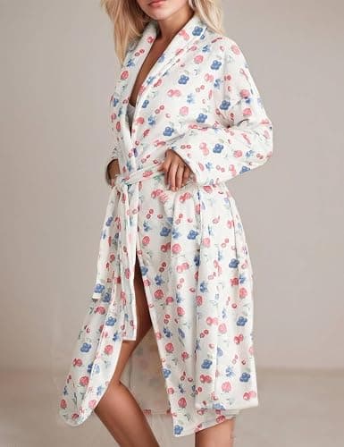 TIKITIDES Women Fleece Fruit Print Robe Cute Robes for Women Spring Summer Lightweight Bathrobe Soft Flannel Gown with Belt thumbnail 3