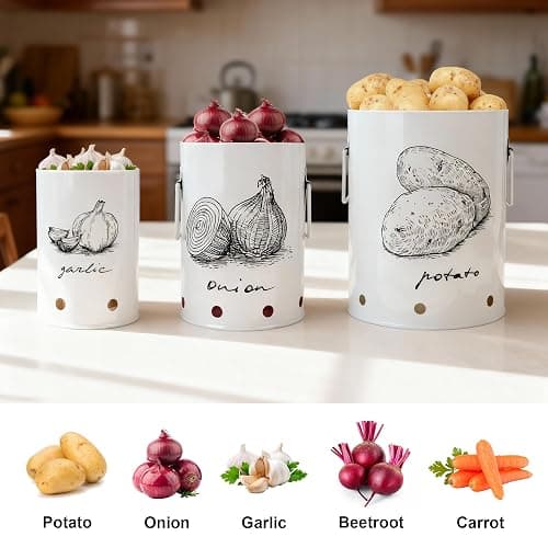 EQEY Kitchen Potato and Onion Storage Bin,Metal Vegetable Storage Bins Set of 3 with Aerating Holes and Lids,Farmhouse Canisters Sets for the Kitchen Countertop (1, Circular) thumbnail 6