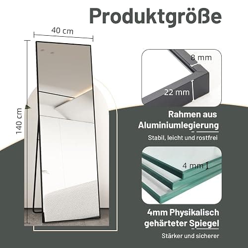 AUFHELLEN Standspiegel mit Schwarz Metallrahmen 140x40cm HD Groß Ganzkörperspiegel mit Haken für Wohnzimmer oder Ankleidezimmer (Schwarz) thumbnail 2